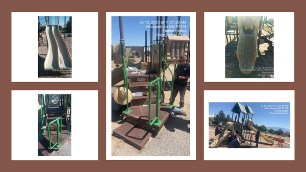 The playground climbing equipment and slides at Pinon Pointe Park sporting a new double slide, resurfaced platforms and steps, plus fun new safety panels.