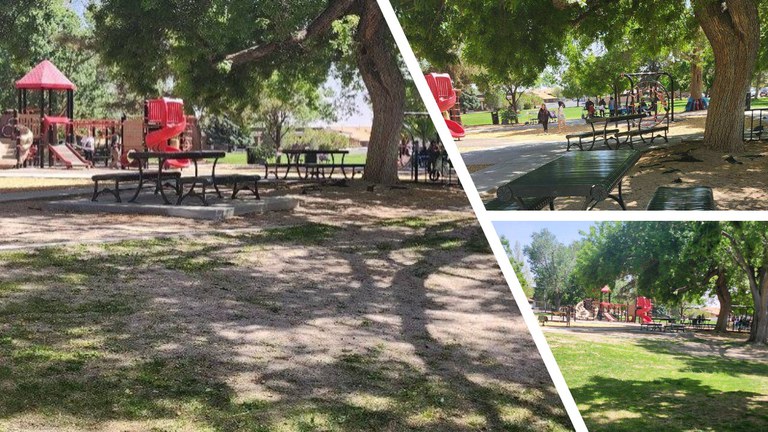 Photo of the newly refreshed playground equipment, park tables and benches with new wood fiber ground cover, concrete slabs, and updated waste containers.