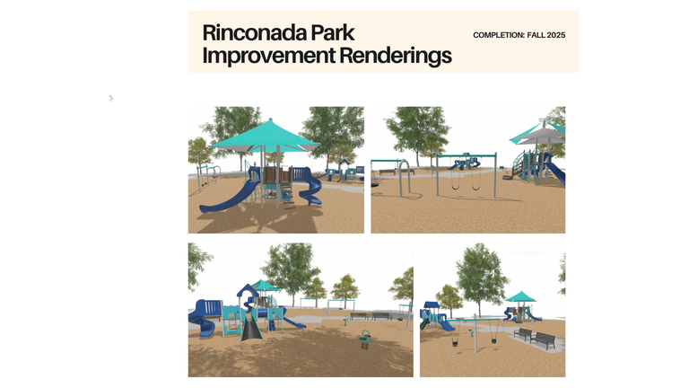Digital image rendering depicting new playground structures, surface, picnic tables, park benches and trash receptacles coming to Rinconada Park in Council District 1