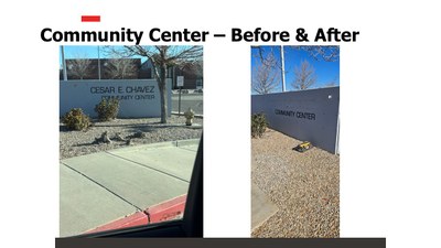 Before and after photos of signage at the Community Center.