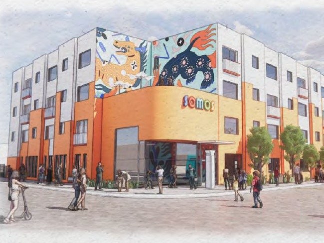 Artist drawing of the planned SOMOS housing development; a four story, mixed use building on the corner of Central and Alcazar in Albuquerque