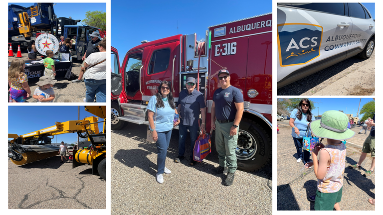 Photographic collage of heavy equipment and public services displayed at the fourth annual "Touch-a-Truck", with Councilor Grout host in center.