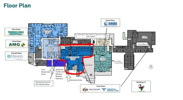 The floorplan of the Gateway center showing the affected area of potential asbestos exposure being the Women's Shelter on the first floor in the center of the building when you come in through the resident entry.