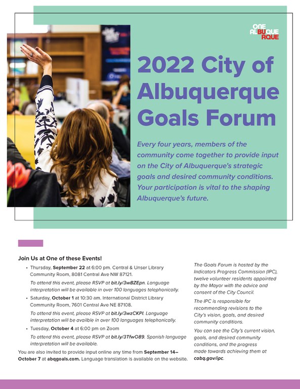 2022 City of Albuquerque Goals Forum Flier (English).