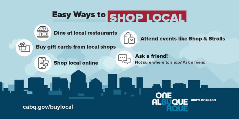 A graphic with a list of easy ways to #BuyLocalABQ