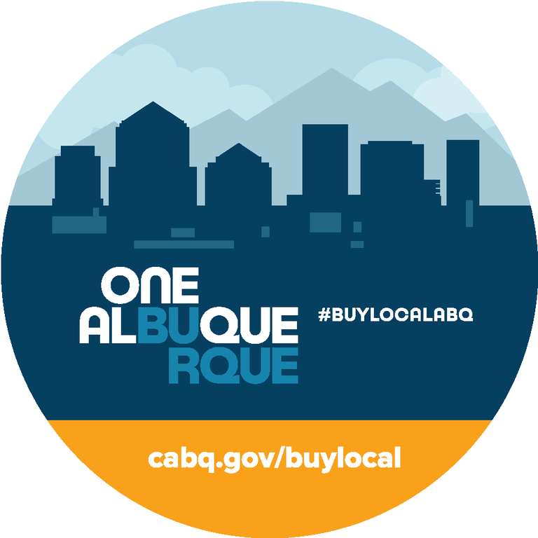 Image of the Buy Local sticker with a silhouette of downtown Albuquerque and Buy Local ABQ logo 