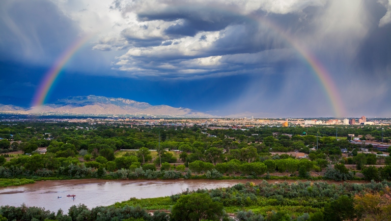 The Albuquerque Skyline, Rio Grande River, and Sandia Mountains