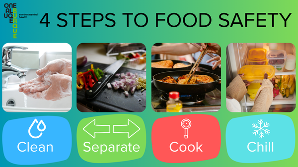 4 Steps to food safety: clean, separate, cook, and chill.