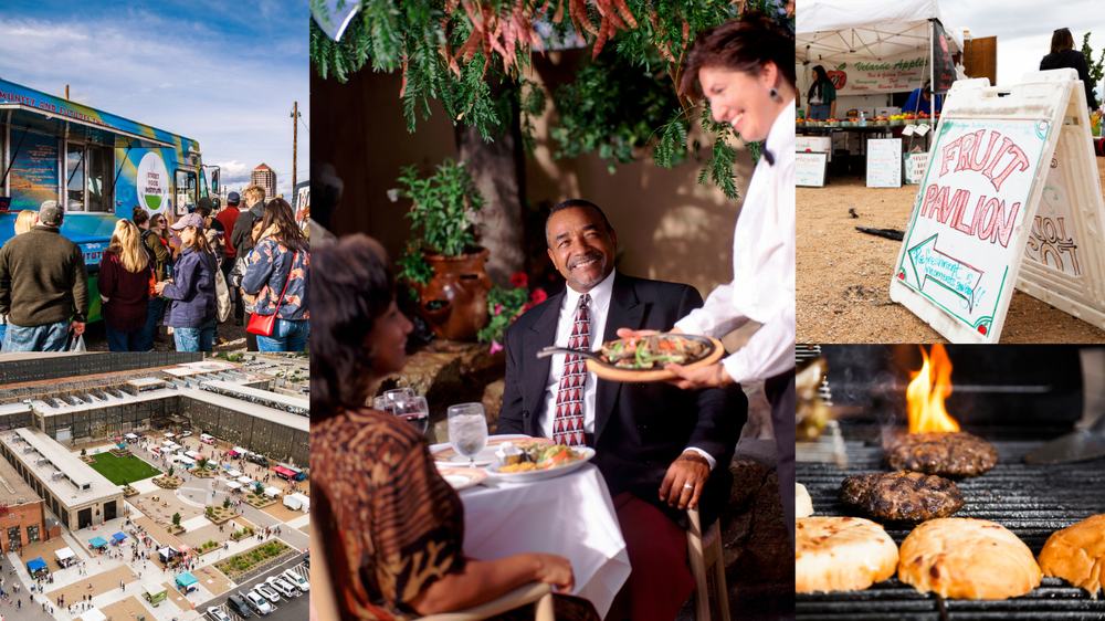 A compilation of five photos highlighting food trucks, vendors, and restaurants around CABQ.