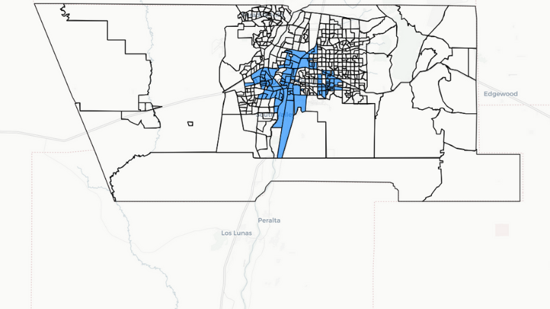 A map of Albuquerque with certain areas highlighted in blue.