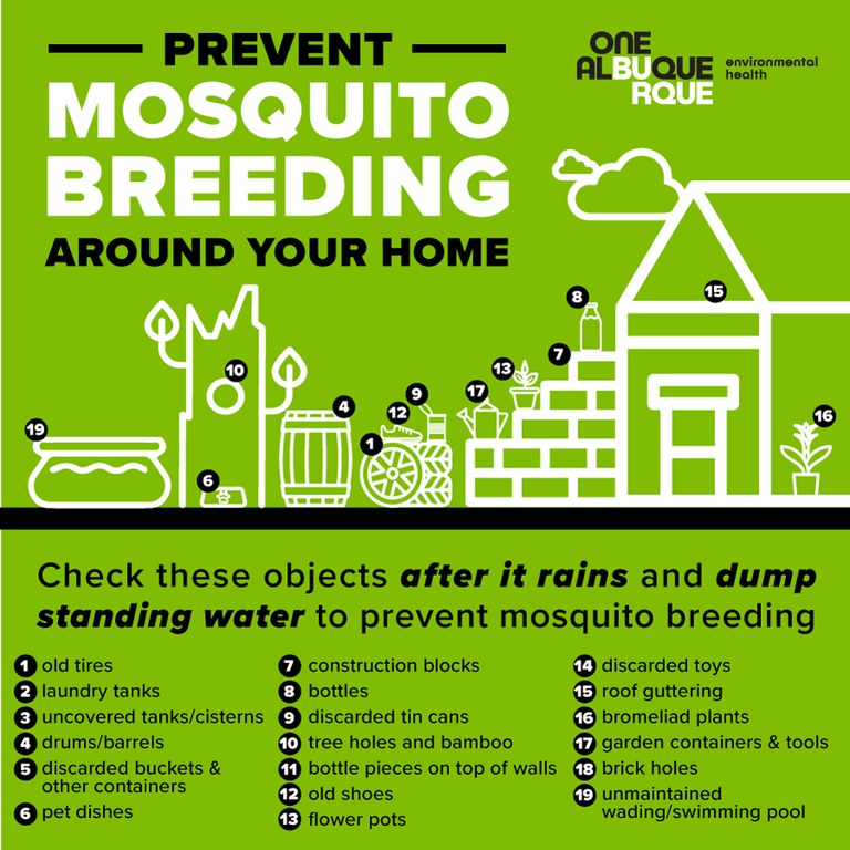 Prevent mosquito breeding around your home! Check these objects after it rains and dump standing water to prevent mosquito breeding: Old tires, laundry tanks, uncovered tanks/cisterns, drums/barrels, discarded buckets and other containers, pet dishes, construction blocks, bottles, discarded tin cans, tree holes and bamboo, bottle pieces on top of walls, old shoes, flower pots, discarded toys, roof guttering, bromeliad plants, garden containers and tools, brick holes, and unmaintained wading or swimming pools.