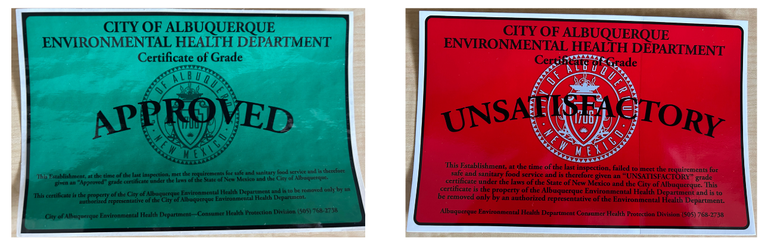 On the left is the green "approve" food safety inspection sticker and the right is the red "unsatisfactory" food safety inspection sticker.