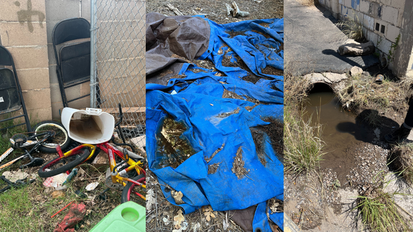 Three photos showing standing water sources mosquitoes use to breed.