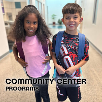 CREI Program Button 1 Two students posing with backpacks with text saying "Community Center Programs"
