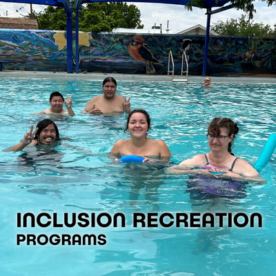 CREI Program Button 3 Inclusion Recreation participants swimming with text saying "Inclusion Recreation Programs"