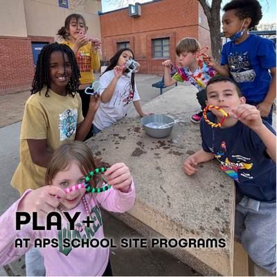 CREI Program Button 2 Students playing outside with the text "Play+ at APS School Site Programs"