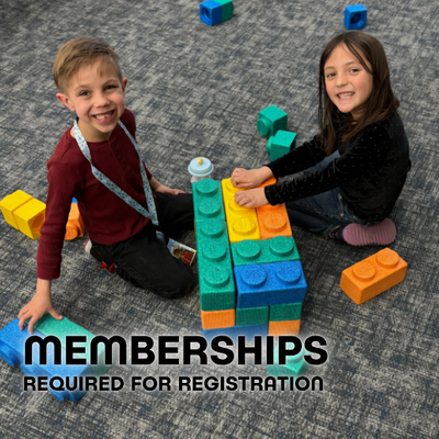 CREI Program Button 4 Two students playing blocks with text "Memberships, required for registration"