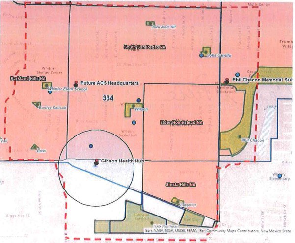 A map with a red dotted outline showing a two-mile area around the Gibson Health Hub