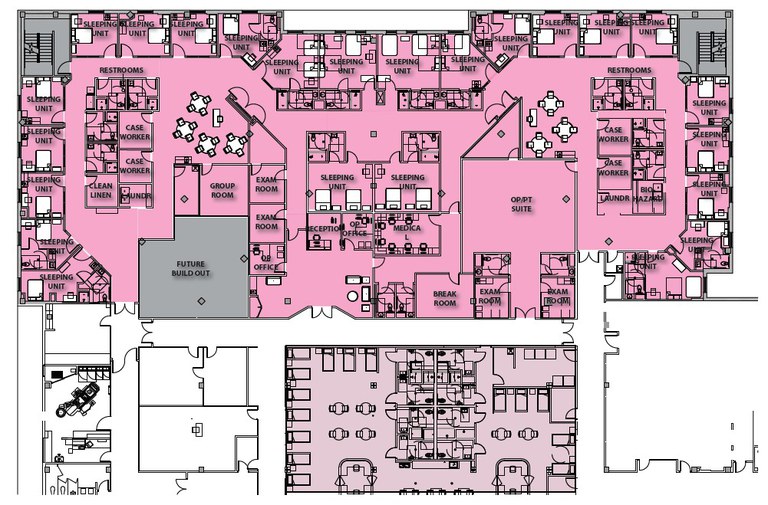 A floor plan of a building showing where different rooms will be.