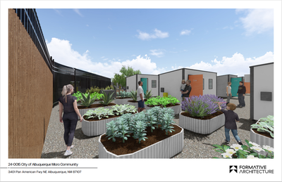 Rendering of Gateway Recovery showing pallet homes, with people walking through the community.
