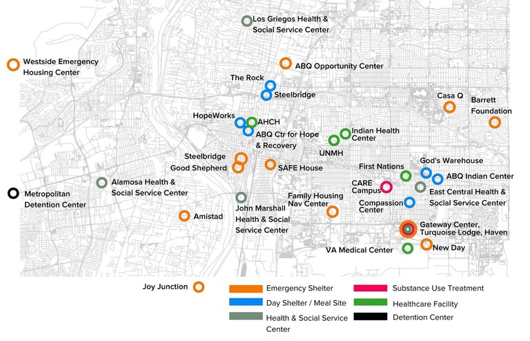 A map of Albuquerque with service provider locations overlaid. Locations are shown for emergency shelters, meal sites, health care facilities, substance use treatment facilities, and Health & Social Service centers