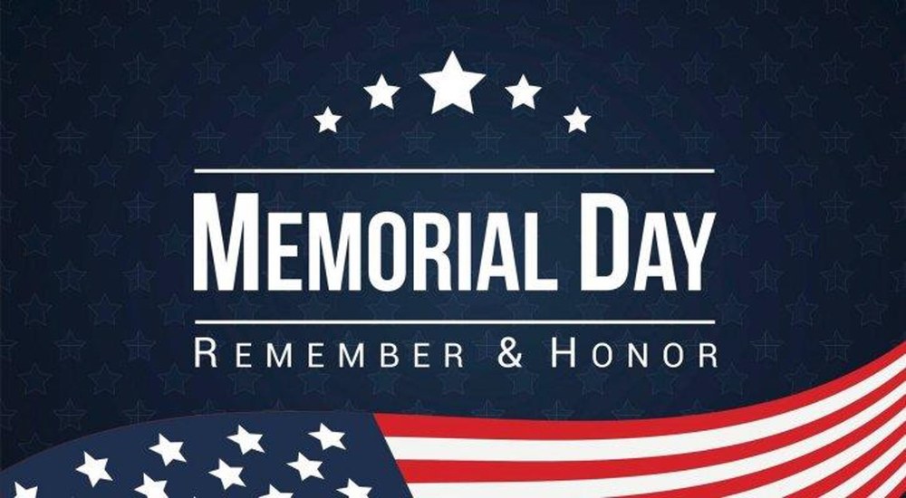 A blue banner with stars and stripes in the background that states Memorial Day: Remember and Honor