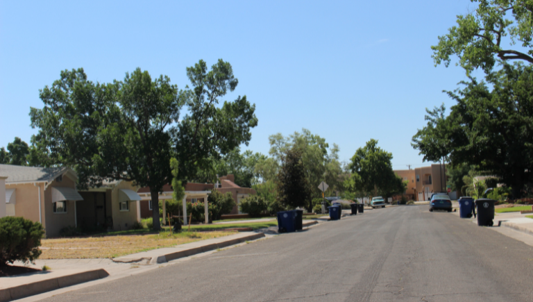 A residential street with trashcans at the curb.