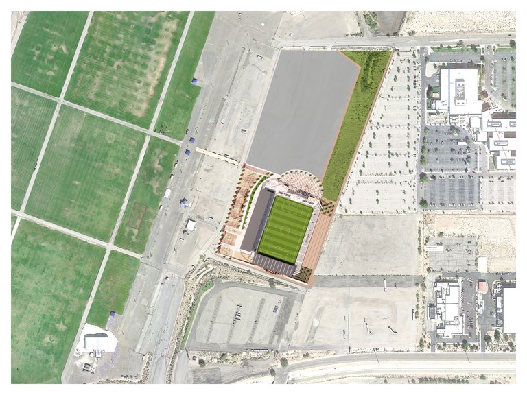An areal rendering of a stadium to the east of the fields of Balloon Fiesta Park.
