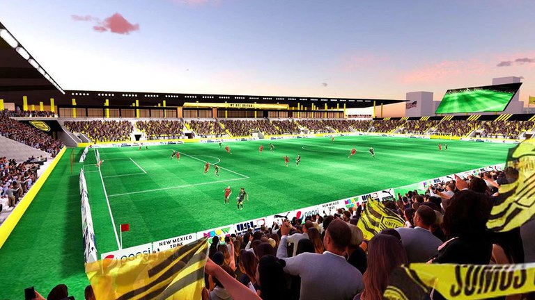 A rendering of spectators watching a soccer game at a stadium.