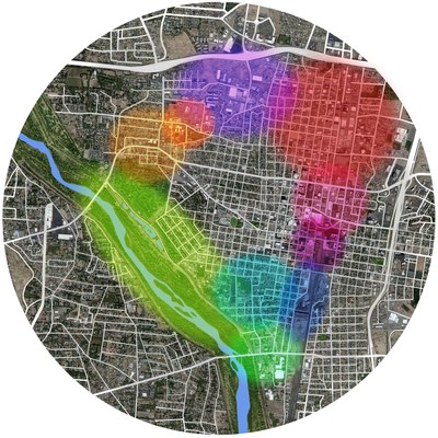 Rail Trail Auras Map A map of the Rail Trail with different sections highlighted in different colors.