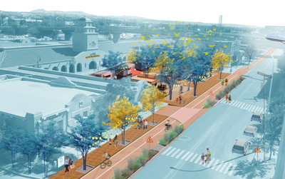 A rendering of people using the Rail Trail outside of the train station on 1st Street.