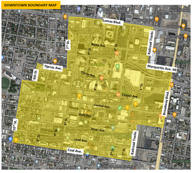 Downtown boundaries - Lomas south to Marquette between the railroad tracks and 7th. Marquette south to Tijeras between Broadway and 7th. Tijeras south to Copper between Broadway and 9th. Copper south to Gold between Broadway and 10th. Gold south to Coal between the railroad tracks and 10th.