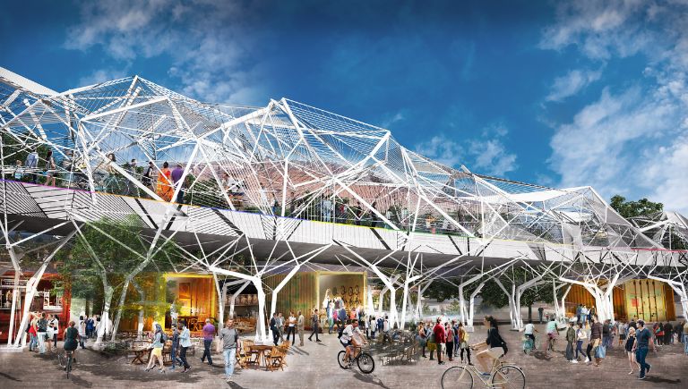 People walking and biking on and under an elevated trail with decorative shading.