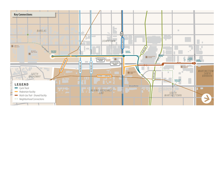 A map image of the proposed Rail Trail through Downtown Albuquerque