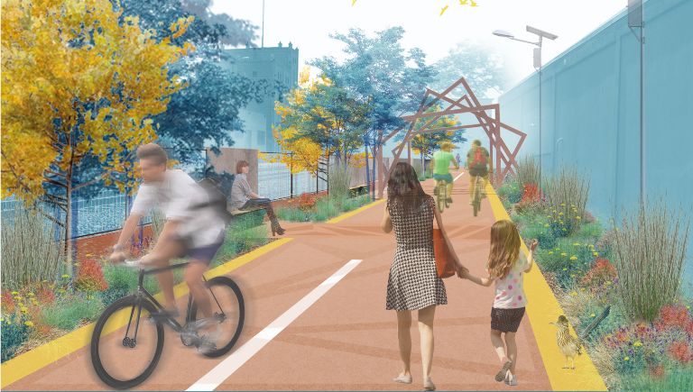 A user view rendering of people using the Rail Trail on bikes, walking, and sitting along it.