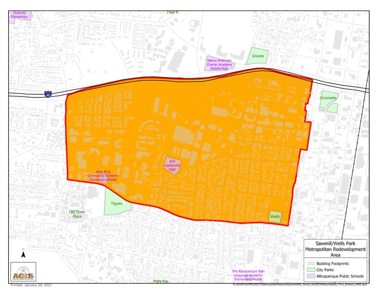 A map of the Barelas Metropolitan Redevelopment Area