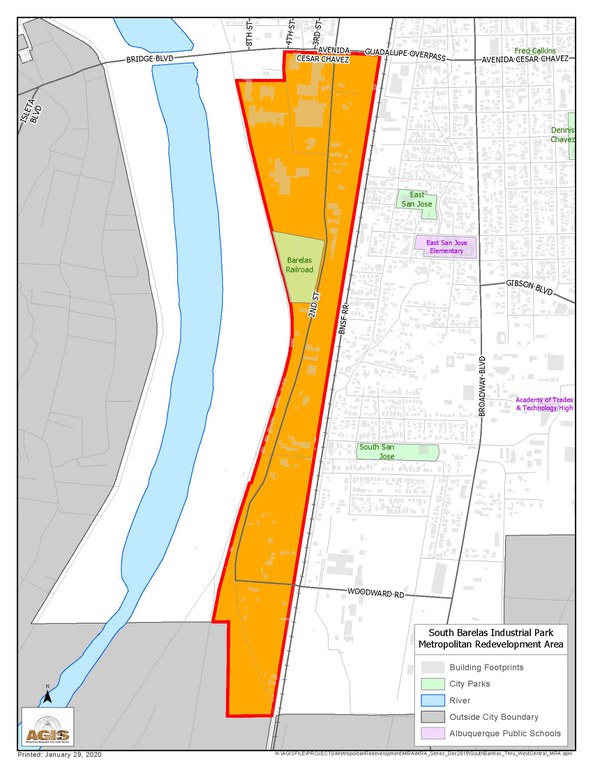 A map of the Barelas Metropolitan Redevelopment Area