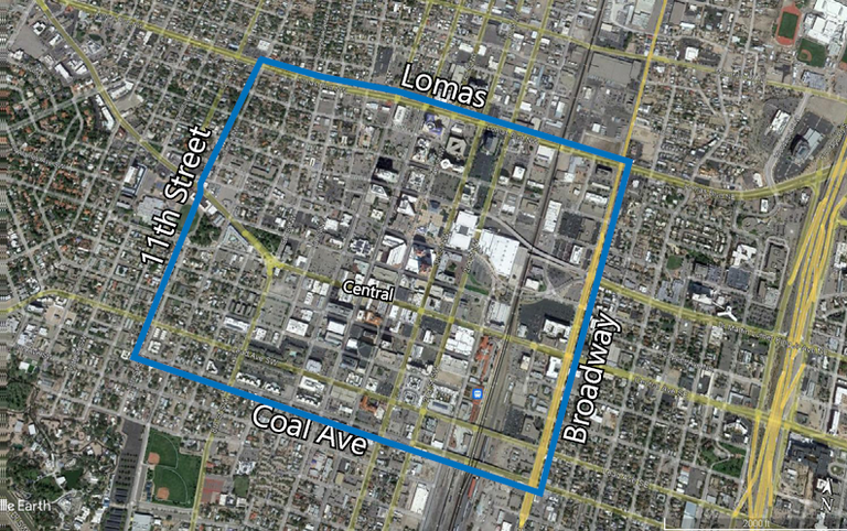 A map of Eligible Downtown Storefronts (generally defined as the area between Lomas Avenue, Coal Ave, 11th Street and Broadway)