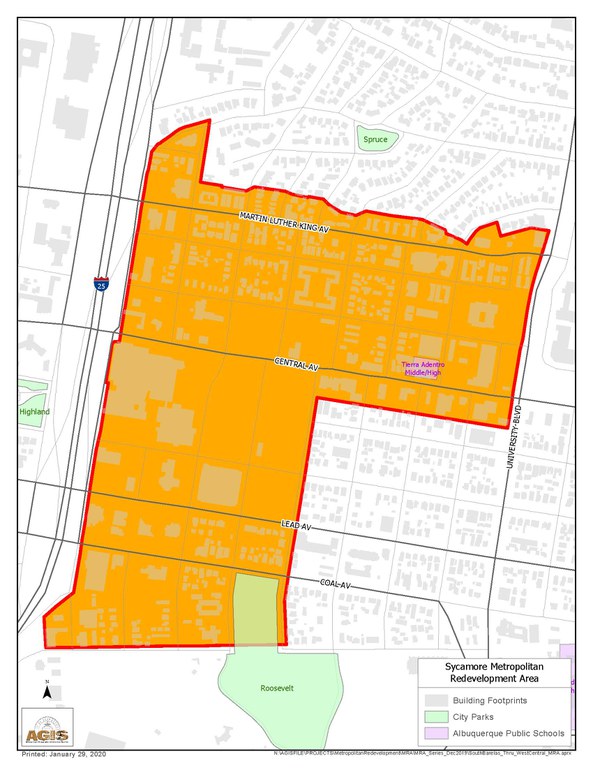 A map of the Barelas Metropolitan Redevelopment Area