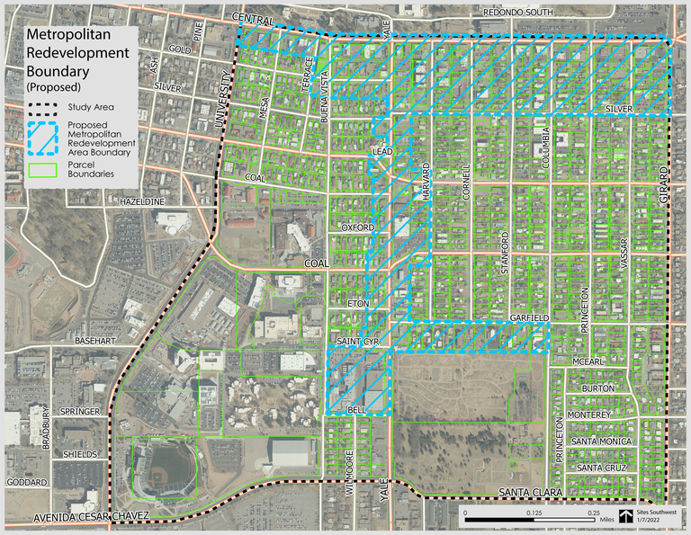 A map image of the proposed University Area proposed boundaries in Albuquerque