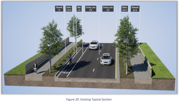 A rendering of a one-way, two-lane street with a bike lane and two flanking sidewalks lined with trees.
