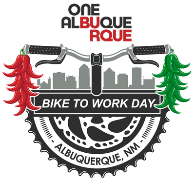 This is the City of Albuquerque's bike to work day logo. It is looking at the front of bicycle handlebars and has a red chile ristra streamer on the right handlebar and a green chile ristra on the left handlebar. There is an outline of the Albuquerque skyline behind the bike handlebars. It shows the ONEABQ logo at the top above the bike handlebars. In front of the handlebars, it says Bike to Work Day. There is a bicycle gear behind the event title, and at the bottom of the gear, it says Albuquerque, NM.