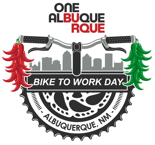 This is the City of Albuquerque's bike to work day logo. It is looking at the front of bicycle handlebars and has a red chile ristra streamer on the right handlebar and a green chile ristra on the left handlebar. There is an outline of the Albuquerque skyline behind the bike handlebars. It shows the ONEABQ logo at the top above the bike handlebars. In front of the handlebars, it says Bike to Work Day. There is a bicycle gear behind the event title, and at the bottom of the gear, it says Albuquerque, NM.