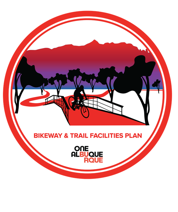 A drawing of a person bicycling along a paved multi-use trail with artful mountains in the distance and tree silhouettes along the trail.