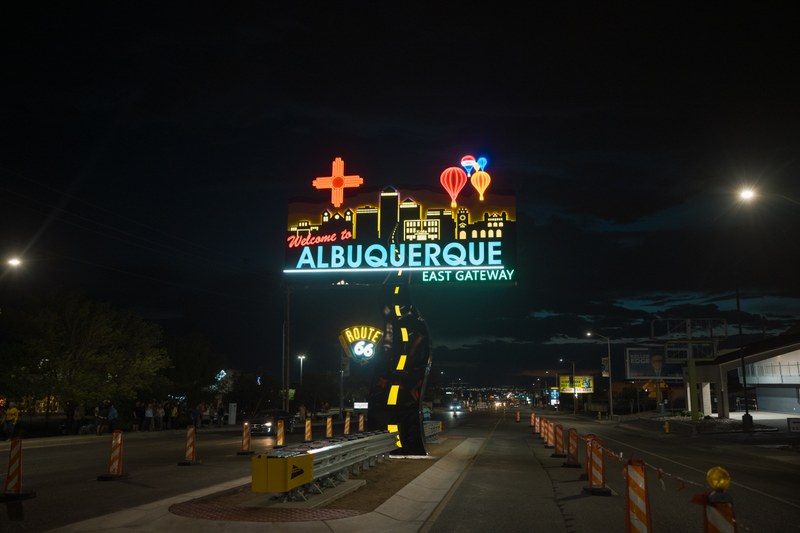 Route 66 East Gateway Sign lit up