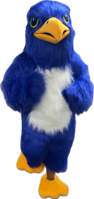 An isolated photo (no background) of the HAWK mascot, a blue and white hawk character, mid-stride running toward the audience.