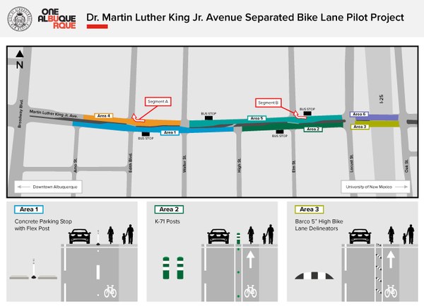 This graphic shows a map Dr. MLK Separated Bike Lane Pilot Project from Arno to Oak Streets, and below the map, it shows the delineator types and configurations that will be used for areas one, two, and three.