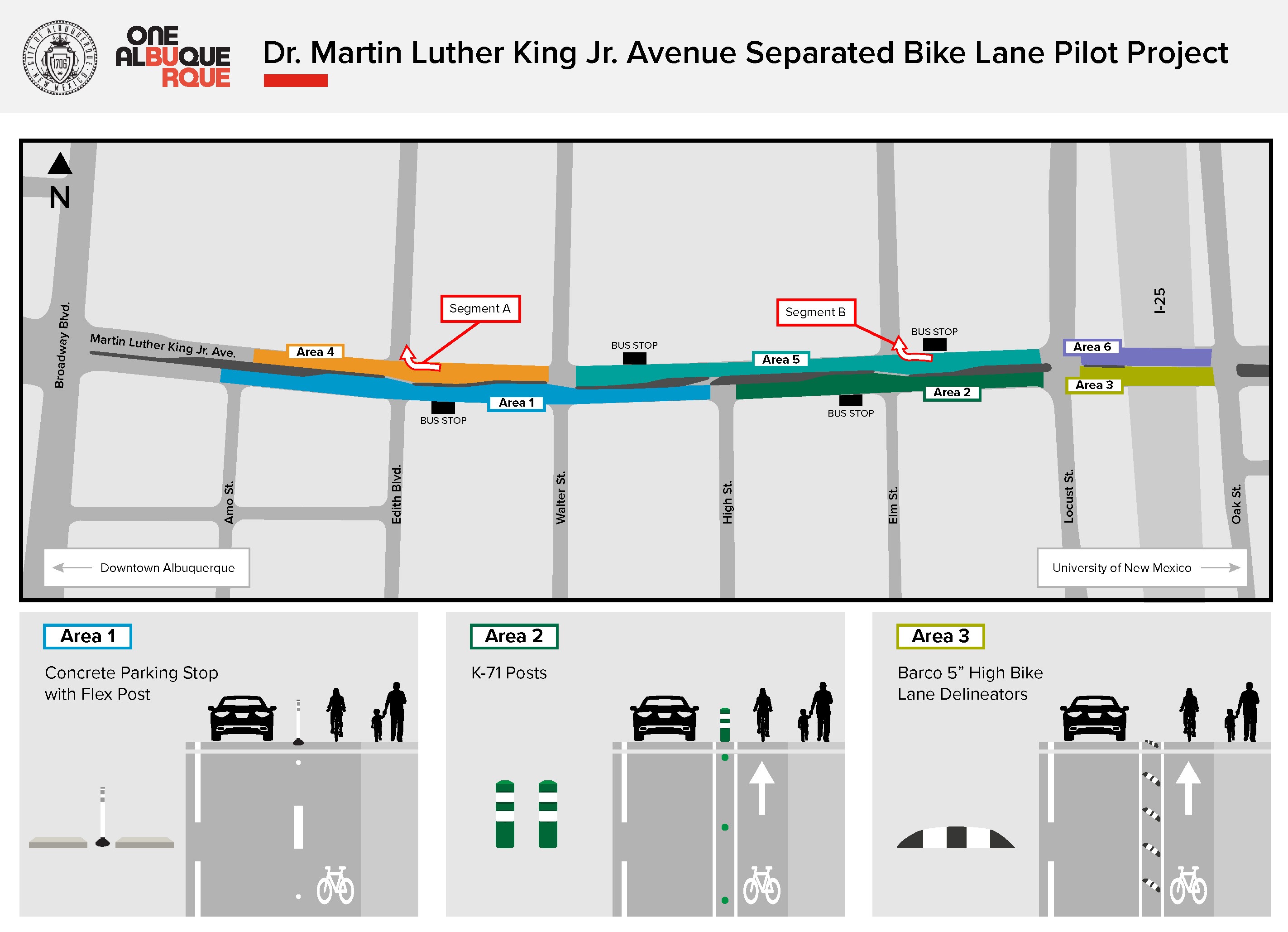 Dr. MLK Separated Bike Lane Pilot Project Map with Areas 1-3