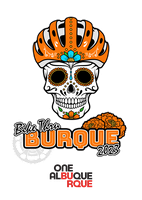 2023 Bike Thru Burque event logo which shows a sugar skull with a bike helmet. There are also orange marigold flowers and a transparent bike gear.
