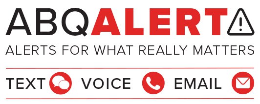 The ABQ Alert logo, featuring the text "ABQ Alert: Alerts for What Really Matters" and icons of a text bubble, phone, and envelope.